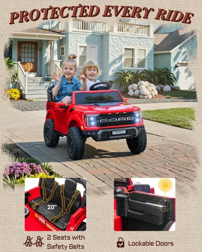 Miniatura 5 de First Ride On Juguetes de montar de 2 plazas de 24V para niños, vehículos eléctricos Ford F-150 Raptor con licencia para niños con control remoto