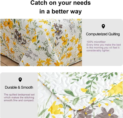 Miniatura 5 de Ycosy Juegos de Edredón Floral Tamaño Twin Reversible Colchas Cubrecamas de Campo Ligeras Edredón de Flores Amarillas Ropa de Cama Hojas Verdes