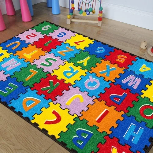champion rugs Kids/Baby Room/Daycare/Classroom/Playroom Sit Spot Area Rug Letters Numbers Puzzle Play Mat Fun Educational Non-Slip Gel Back (5 Feet