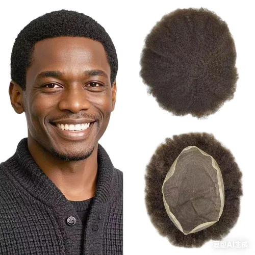 Afro Toupee For Black Men Black Human Hair Mens Toupee Full Lace Hairpiece African American Wavy Kinky Hair System For Men 2MM Afro Wavy-#1 Jet Black