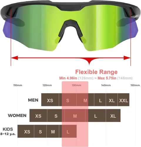 Miniatura 4 de Gafas de sol de béisbol pequeñas envolventes para jóvenes, niños y mujeres, para correr, ciclismo, deportes al aire libre S598 Negro/Amarillo Verde