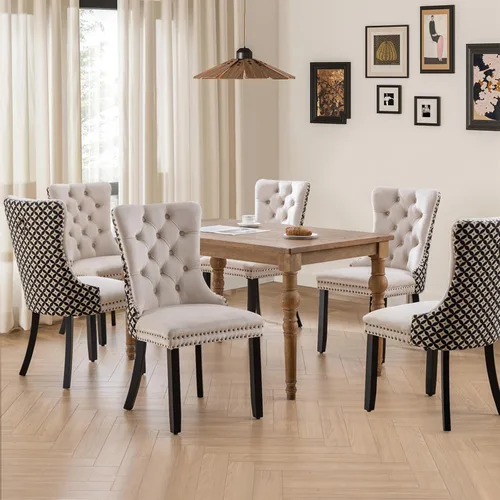 Miniatura 8 de Juego de 2 sillas de comedor tapizadas de tela de lino, sillas de cocina modernas de mediados de siglo con respaldo alto, ribete de cabeza de clavo