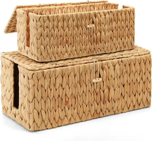 Posprica Caja de Gestión de Cables con Tapa, Paquete de 2 Cajas Organizadoras Ocultadoras de Cables Tejidas a Mano de Jacinto de Agua Real, Caja de