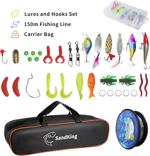 Miniatura 5 de Kit de caña de pescar, combo de caña de pescar telescópica de fibra de carbono y carrete con carrete giratorio, línea, cebo biónico, anzuelos