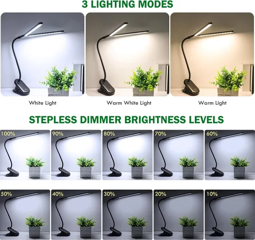 Miniatura 3 de Luz de lectura LED con clip, lámpara de escritorio 48 LED de 2600 mAh, batería recargable por USB, luces de libro recargables por USB, brillo Negro