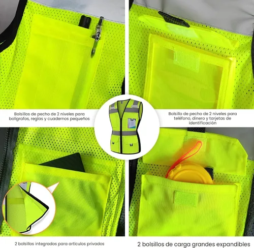 Miniatura 4 de Chaleco de Seguridad para Mujeres con 11 Bolsillos y Cremallera, Chaleco de Trabajo Reflectante de Malla de Alta Visibilidad para Mujeres Amarillo