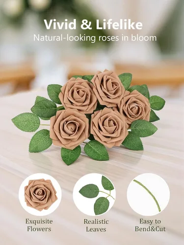 Miniatura 7 de N&T NIETING 25 unidades de flores artificiales, Rosas de espuma artificial de sensación real al tacto, decoración para boda, dama de honor, ramo