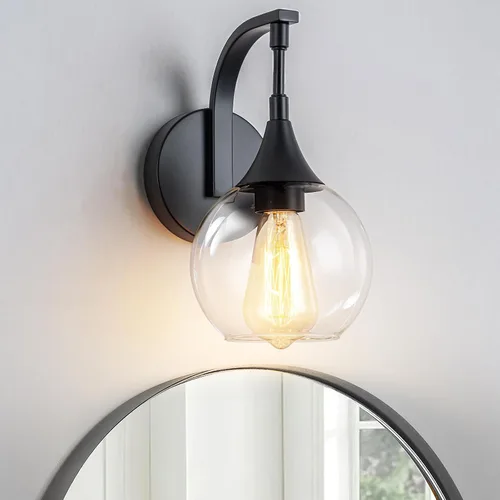Miniatura 11 de Lámpara de pared de baño de 1 luz, lámpara de pared negra y dorada con pantalla de vidrio transparente, lámpara de pared moderna para interiores
