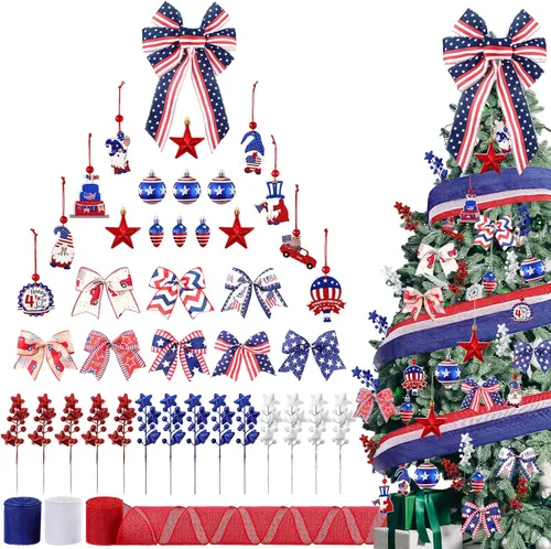 43 adornos patrióticos para árbol del 4 de julio, Día de la Independencia, adornos para árbol de Navidad, decoración de lazo rojo, blanco y azul,
