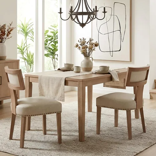 Miniatura 14 de HNY Juego de 2 sillas de comedor de ratán modernas de mediados de siglo, silla decorativa tapizada de lino de granja, sillas de cocina con respaldo