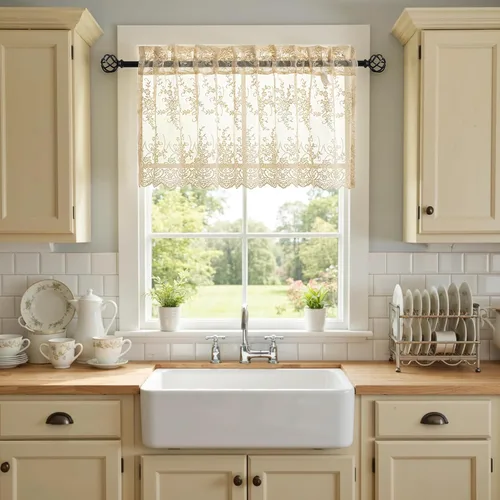 Kotile - Cenefa de encaje beige para ventanas de estilo rústico campestre con diseño floral de vid, fondo ondulado, cenefa transparente de encaje de