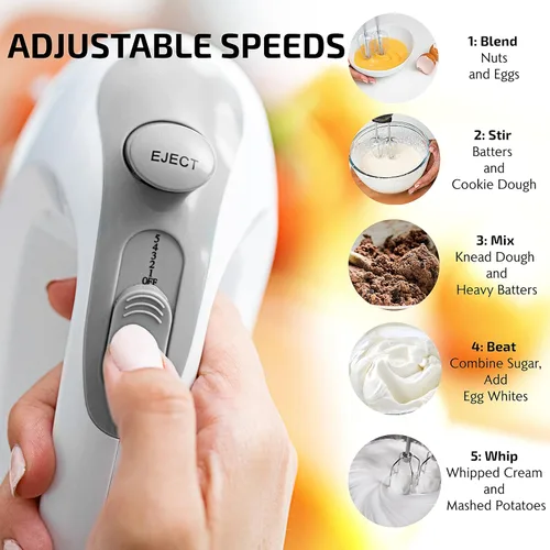 Miniatura 3 de OVENTE Batidora de mano eléctrica de inmersión de 300 W, 2 velocidades de mezcla con cuchillas de acero inoxidable y mezclador de mano eléctrico