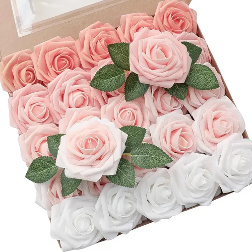 Floroom Flores Artificiales 25 piezas Rosas Falsas de Espuma de Colores Ombré Rubor de Aspecto Real con Tallos para Ramos de Boda DIY Fiestas Tonos