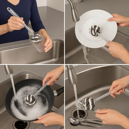 Miniatura 3 de Cepillo de esponja de vidrio con mango – Cepillo de limpieza de cocina de 11.5 pulgadas para vasos, botellas, platos y jarrones – Esponja suave