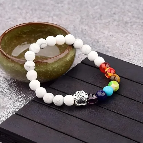 Miniatura 3 de 7 Chakra Natural Stone Paw Print Bracelet - Elastic Bracelets for Women, Pet Bracelet with Lava Rock Mala Beads - Dog Puppy Cat Animal