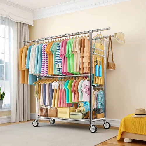 Miniatura 9 de Perchero resistente con carga de 1060 libras, cuatro barras de ropa rodantes para colgar ropa, estante de ropa rodante con ruedas resistentes, Plata