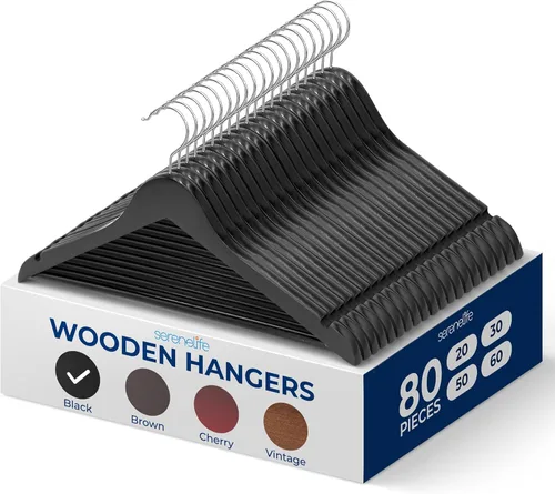 Miniatura 33 de SereneLife Paquete de 30 perchas de madera resistente – Juego de perchas de madera maciza con gancho giratorio de 360°, barra para pantalones