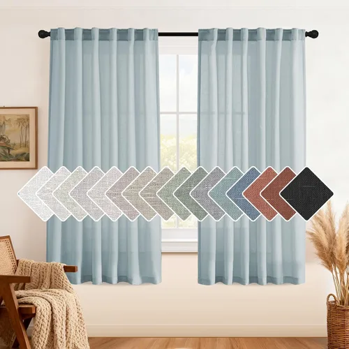 Miniatura 34 de H.VERSAILTEX Cortinas de lino natural de 63 pulgadas de largo para sala de estar, 2 paneles con trabillas traseras y bolsillo, texturizadas