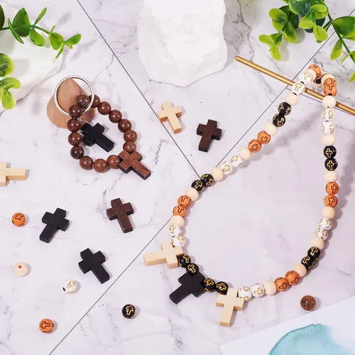 Miniatura 3 de KISSITTY Kit de rosario para hacer rosario, cuentas de rosario de 0.315 in de Pascua, redondas, de madera, acrílico, cruz, espaciadores, cruz