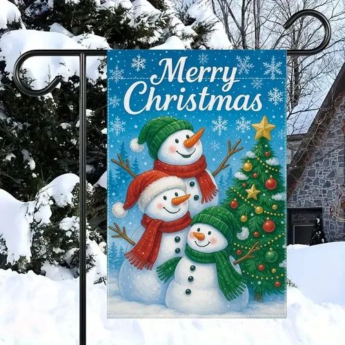 Miniatura 4 de Bandera de jardín de Navidad ActFirst de 12 x 18 pulgadas, bandera de muñeco de nieve de familia de Navidad Feliz con árbol, pequeña decoración
