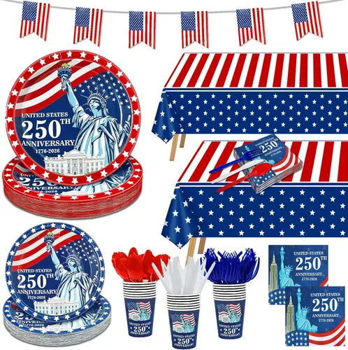 Miniatura 7 de 256 piezas de decoración del 4 de julio, 250 aniversario, bandera patriótica estadounidense, suministros para fiesta, 32 4 de julio, platos de papel