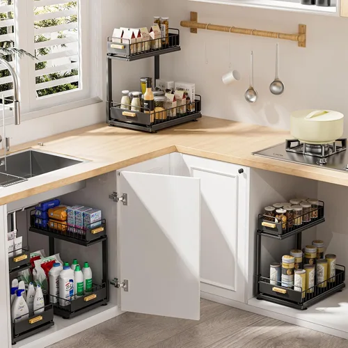 Miniatura 8 de Organizador bajo el fregadero, Organizador de 2 niveles alto y ajustable bajo el fregadero de la cocina, estante de almacenamiento multiuso
