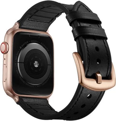 Miniatura 17 de OUHENG Correas de cuero compatibles con Apple Watch de 42mm 41mm 40mm 38mm, correa híbrida de cuero genuino y goma para iWatch Series 11 10 9 8 7 6