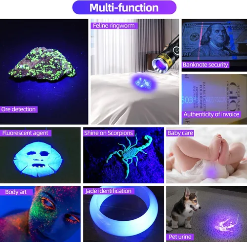 Miniatura 6 de DARKDAWN Linternas de luz UV de 395 nm USB recargable ultravioleta LED luz negra mini lámpara de madera portátil para detección de orina de gatos