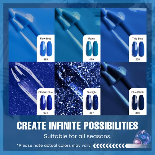 Miniatura 5 de MEFA - Juego de esmalte de uñas de gel azul, 6 colores, azul marino, zafiro, azul, brillantina, tonos oscuros, juego de iniciación, gel brillante