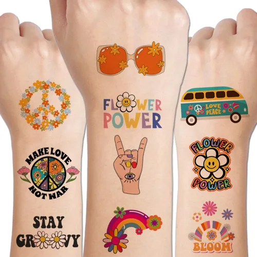CHARLENT Tatuajes temporales hippie para niños, 79 piezas Groovy 70s Flower Power Peace and Love Tattoos para niños y niñas, suministros de fiesta