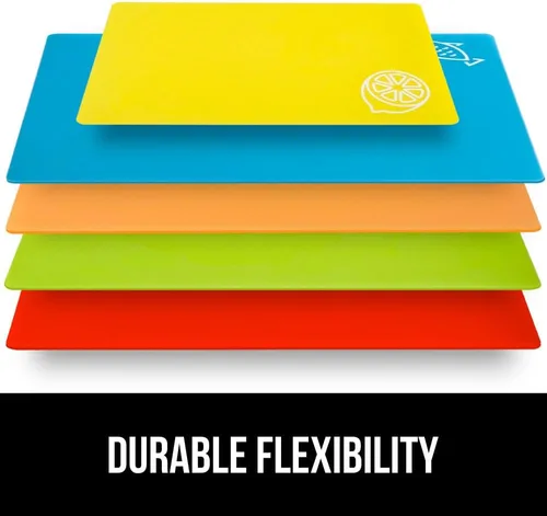 Miniatura 8 de GORILLA GRIP Juego de 5 tablas de cortar flexibles 100% sin BPA, alfombrillas de plástico duraderas con iconos de alimentos para preparar comidas
