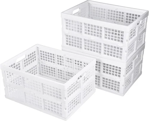 Aebeky Paquete de 3 cajas de almacenamiento plegables de plástico, 30 L, cajas de plástico plegables para almacenamiento (blanco)