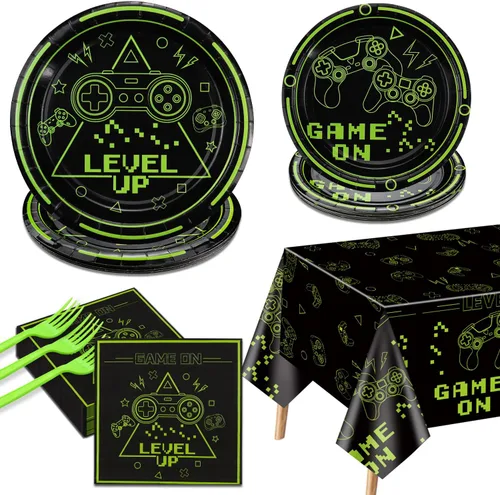 Decoraciones de Fiesta de Videojuegos - 81 Piezas Decoraciones de Cumpleaños Gaming Verdes Incluye Platos Game On, Servilletas, Mantel para Niños