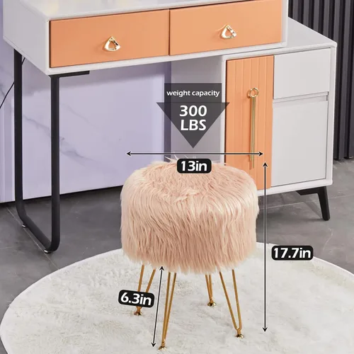 Miniatura 3 de Otomán de Almacenamiento de Piel Sintética Redondo Taburete Peludo de Tocador Bandeja de Veta de Mármol Mesa de Café Taburete Reposapiés Compacto