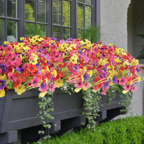 16 paquetes de flores artificiales de verano, flores artificiales a granel UV para macetas de jardín, patio, porche al aire libre, decoración del