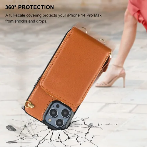Miniatura 8 de KIHUWEY Funda tipo cartera cruzada para iPhone 14 Pro Max, funda con bolsillo con cremallera y soporte para tarjetas, funda protectora de piel Marrón