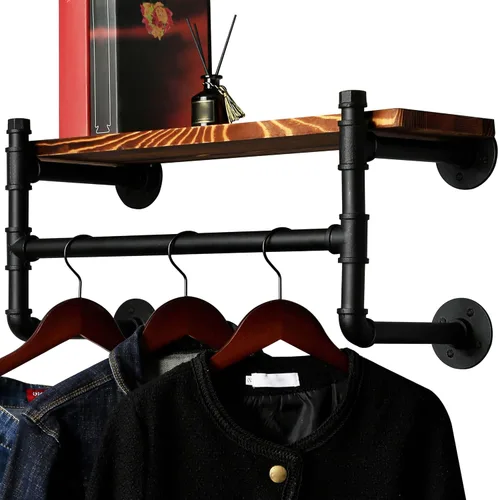 Miniatura 7 de WEBI Perchero de pared con estante, perchero industrial de 24 pulgadas con estantes, barra de ropa de hierro resistente, barra de ropa de exhibición