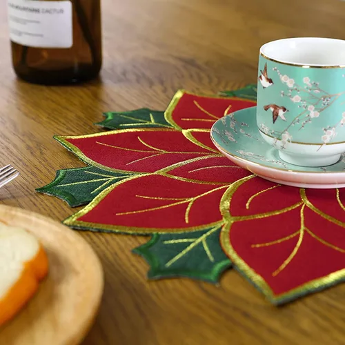 Miniatura 5 de Juego de manteles individuales de Navidad de 16 pulgadas, manteles individuales de flor de pascua con bordados y hojas verdes, manteles individuales