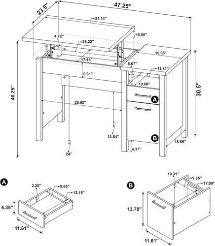 Miniatura 3 de Coaster Home Furnishings Delwin - Escritorio de madera de ingeniería para computadora de 47 pulgadas con cajones y cajón de archivador, sin bandeja