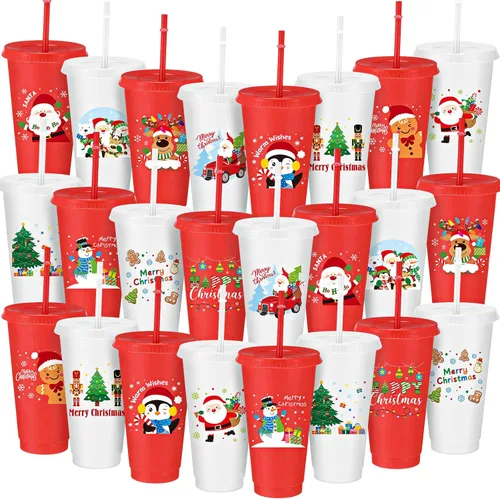 Miniatura 10 de Umigy 24 piezas de tazas de Navidad, tazas de plástico para fiesta de Navidad, 24 oz de tazas reutilizables con tapas y popotes en diferentes temas
