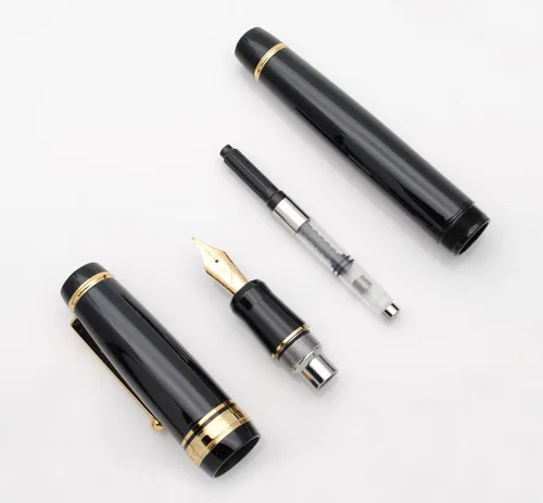 Miniatura 4 de Pluma estilográfica grande de metal, plumilla mediana de 0,7 mm, incluye convertidor de tinta y 5 cartuchos, acabado brillante pintado al piano Negro