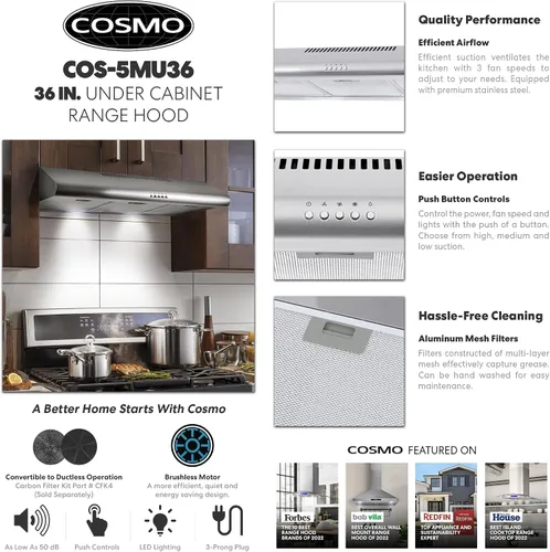 Miniatura 3 de COSMO COS-5MU36 Campana extractora de conductos para debajo del gabinete de la colección Delta de 36 pulgadas, controles de botón, filtros Acero