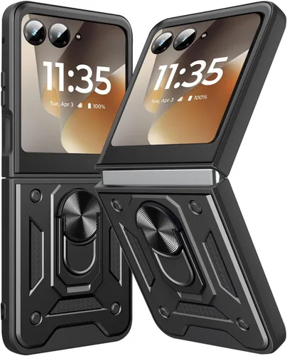 Miniatura 9 de Funda para Motorola Razr 2023 con cubierta de cámara y soporte, protección de lente deslizante + soporte de anillo giratorio de 360°, resistente a