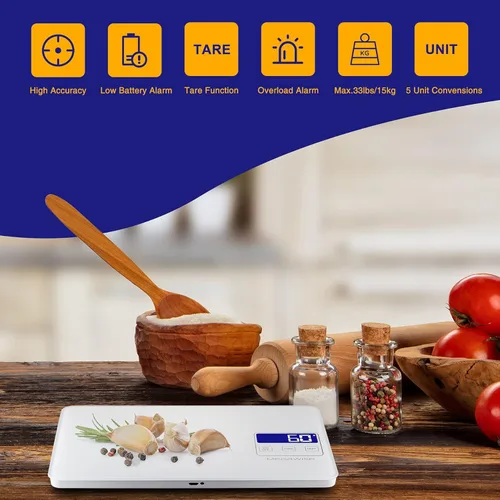 Miniatura 3 de Báscula digital de cocina K28H - Diseño ultradelgado, medición precisa de 0.04 oz a 33.1 lbs, 5 unidades, función de tara, pantalla retroiluminada