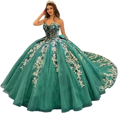 Mouccy Preciosos vestidos de quinceañera sin tirantes con cuentas vestido de bola hinchado de encaje vestidos de fiesta con tren floral dulce 15 16