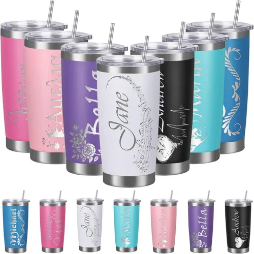 Miniatura 14 de Vasos personalizados con tapa y pajita, vaso aislado personalizado grabado con nombre, vaso de café de acero inoxidable, regalos para hombres y Negro