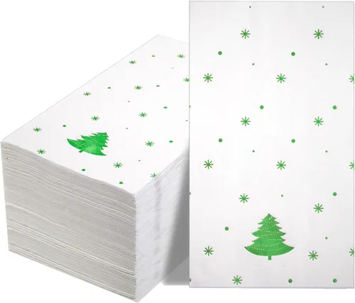 WDF Paquete de 100 Servilletas Navideñas Verdes Desechables - Servilletas de Papel de Árbol de Navidad de 3 Capas, Servilletas Navideñas Verdes de
