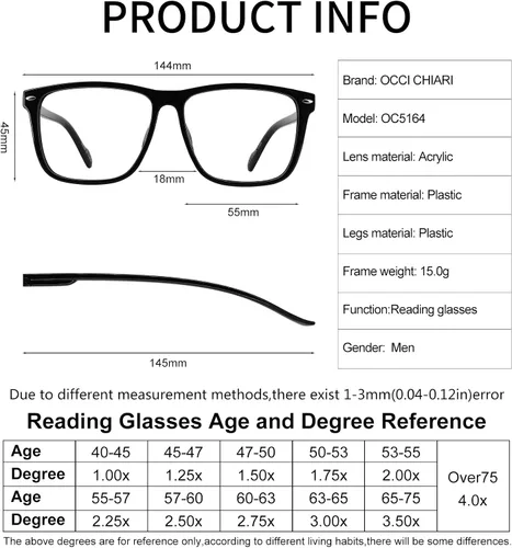 Miniatura 5 de OCCI CHIARI Gafas de lectura de gran tamaño para hombre, diseño cuadrado grande, lectores 1.0 1.25 1.5 1.75 2.0 2.25 2.5 2.75 3.0 3.5