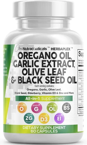 Clean Nutra Aceite de Orégano con Aceite de Semilla Negra Ajo Extracto de Hoja de Olivo - Cápsulas de Aceite de Orégano Apoyo Inmunológico