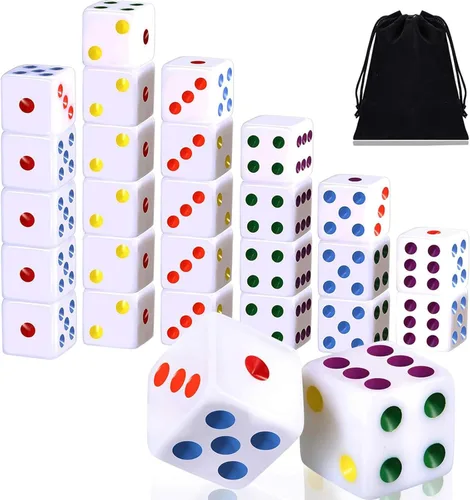 Gejoy Juego de 50 dados de seis caras de 0.632 pulgadas (0.630 in), color blanco con puntas multicolores, juego de dados de esquina cuadrada para